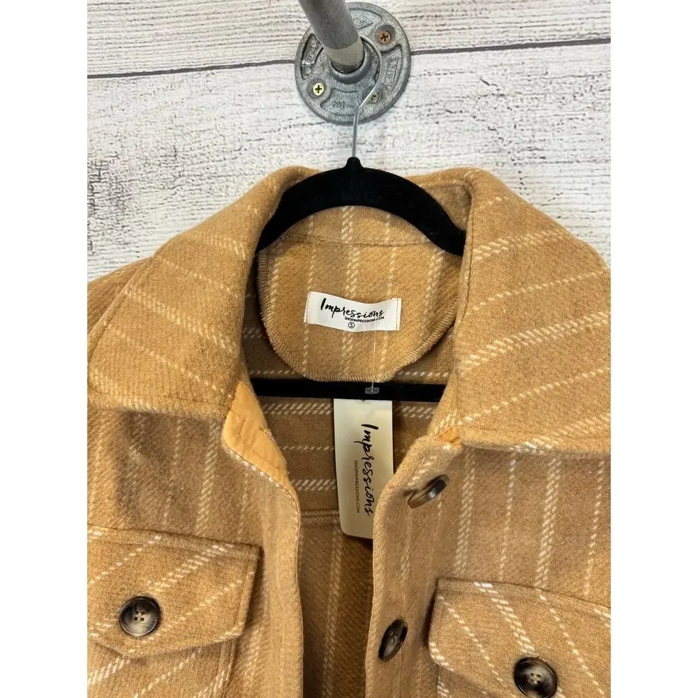 Impressions Women's Tan & Cream Fringe Back Button Up Shacket Size Small